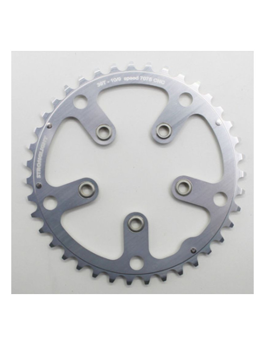 PLATEAU ROUTE 5BRA D.130 STRONGLIGHT 39DTS PORTEUR ARGENT D.74 ALU 7075 TYPE SHIMANO 9-10V.