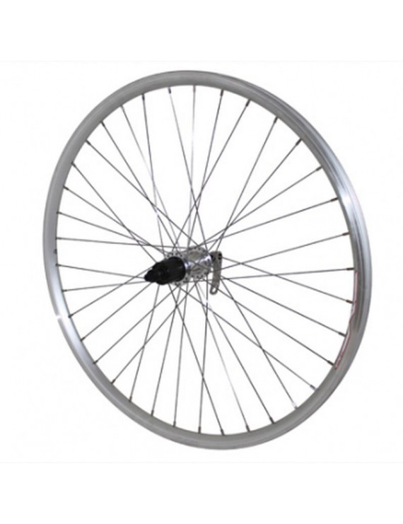 "ROUE VTT 26"" ER10 ARRIERE ARGENT DOUBLE PAROI MOYEU ALU BLOCAGE POUR CASSETTE SHIMANO-SRAM 9-8V."