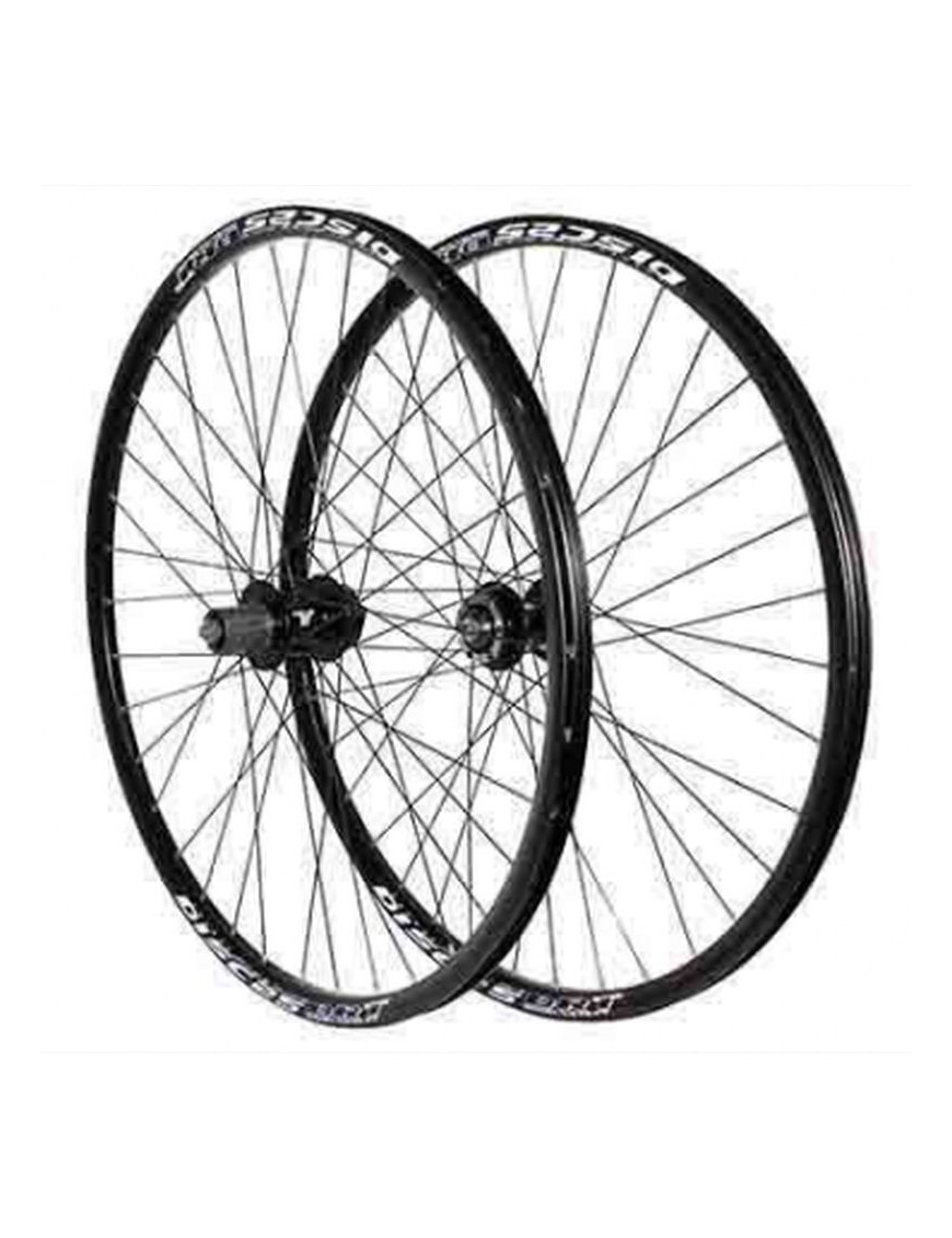 ROUES VTT 27.5" P2R DISC NOIR DOUBLE PAROI MOYEU DISQUE 6TROUS CASSETTE 10-9-8V. RAY. NOIRS (AVANT + ARRIERE) JANTE INTERIEURE 