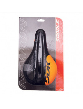 SELLE NEWTON ENFANT RAV NOIR DECO ORANGE 210x130mm AVEC TROU CENTRAL RAIL ACIER NOIR