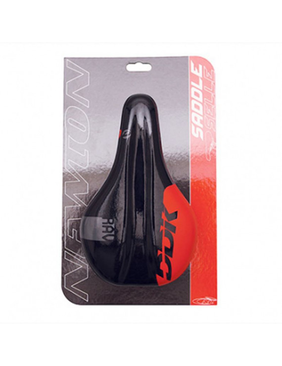 SELLE JUNIOR NEWTON RAV NOIR DECO ROUGE 210x130mm AVEC TROU CENTRAL RAIL ACIER NOIR