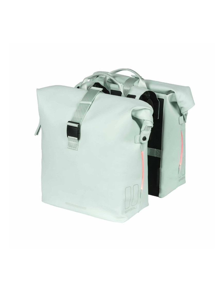 SACOCHE ARRIERE VELO DOUBLE BASIL SOHO 41L VERT PASTEL FIXATION VELCROS SUR PORTE BAGAGE (31x12x37cm) AVEC ECLAIRAGE LED