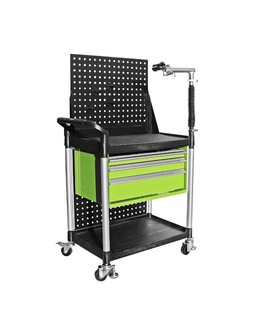SERVANTE ATELIER 3 TIROIRS SUR ROULETTES VERTE AVEC BRAS REPARATION VELO (L 850 x l 480 x h 950mm)