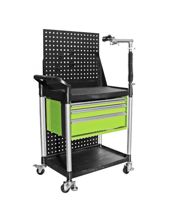 SERVANTE ATELIER 3 TIROIRS SUR ROULETTES VERTE AVEC BRAS REPARATION VELO (L 850 x l 480 x h 950mm)