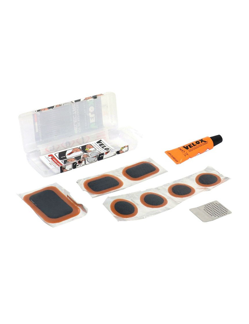 KIT REPARATION CHAMBRE A AIR VELOX ELECTRIQUE-E-BIKE  - BOITE (6 PATCHS 25mm + 1 PATCHS 24-34mm + 1 PATCHS 32-50mm + COLLE 5g +