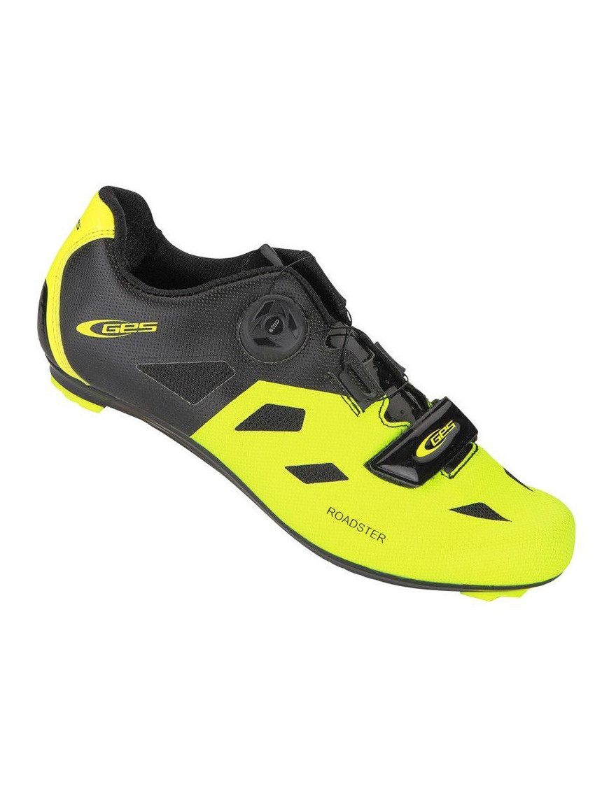 CHAUSSURE ROUTE GES ROADSTER JAUNE FLUO-NOIR T41 FIXATION BOA-VELCRO COMPATIBLE LOOK-SHIMANO (PAIRE)