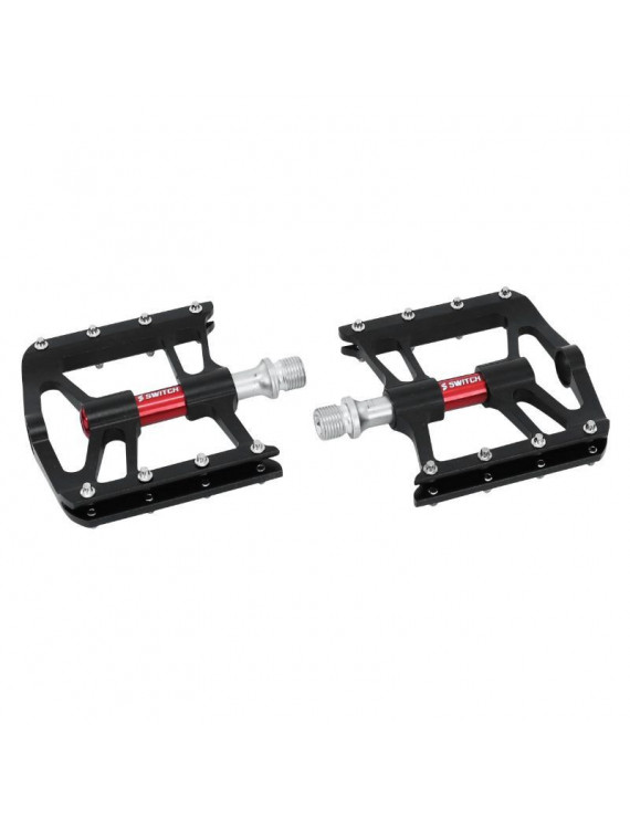 PEDALE VTT DESCENTE - BMX SWITCH BUMPS NOIR - AXE ROUGE ALU FILETAGE 9-16 AVEC PICOTS ARGENT (PAIRE)