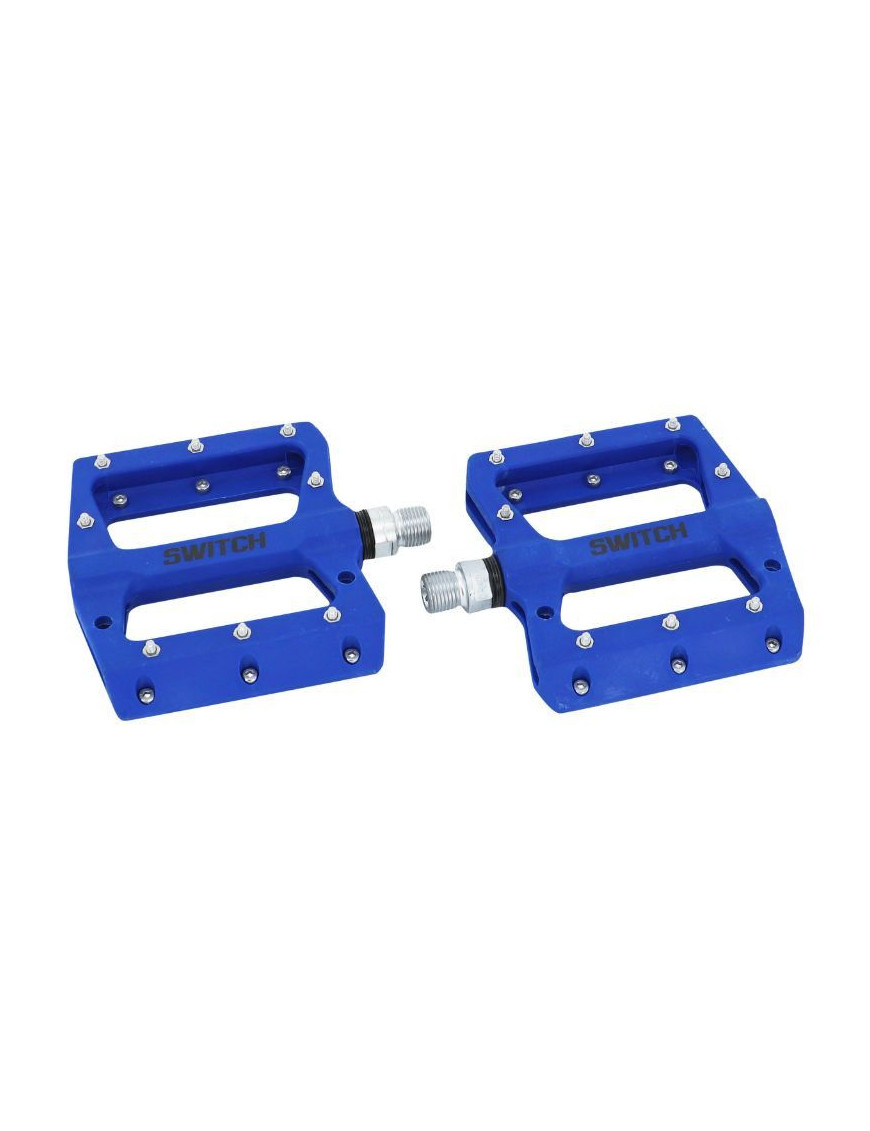 PEDALE VTT DESCENTE - BMX SWITCH JUMP BLEU RESINE FILETAGE 9-16 AVEC PICOTS ARGENT (PAIRE)