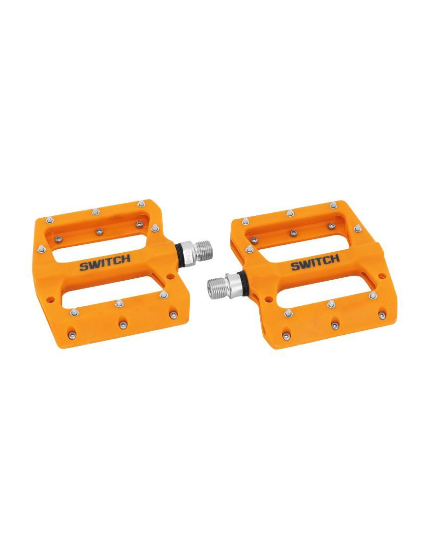 PEDALE VTT DESCENTE - BMX SWITCH JUMP ORANGE RESINE FILETAGE 9-16 AVEC PICOTS ARGENT (PAIRE)