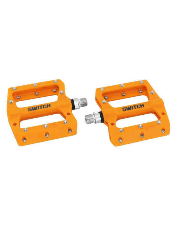 PEDALE VTT DESCENTE - BMX SWITCH JUMP ORANGE RESINE FILETAGE 9-16 AVEC PICOTS ARGENT (PAIRE)