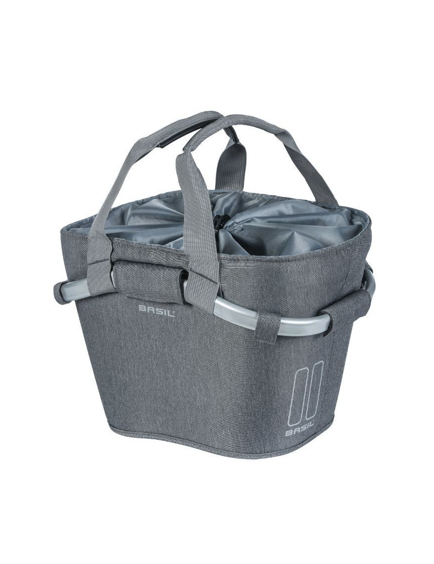 PANIER AVANT TOILE BASIL 2DAY 15L GRIS CLAIR AVEC ANSE FIXATION CLIP AUTOMATIQUE SUR PORTE BAGAGE COMPATIBLE KLICKFIX NON INCLU