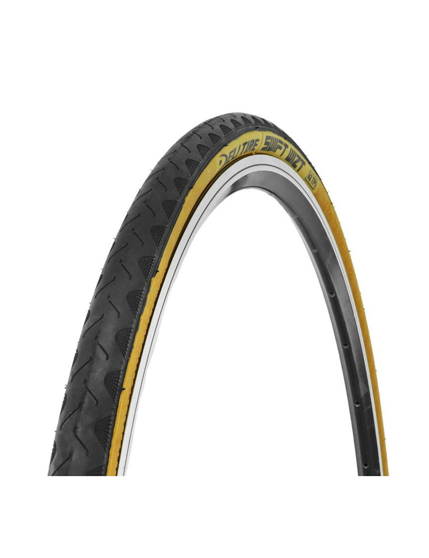 PNEU VTT URBAIN 27.5 X 1.75 DELI SLICK TS TANWALL NOIR FLANC BEIGE RENFORCE ANTI-CREVAISON 1.3mm (47-584) (650B)