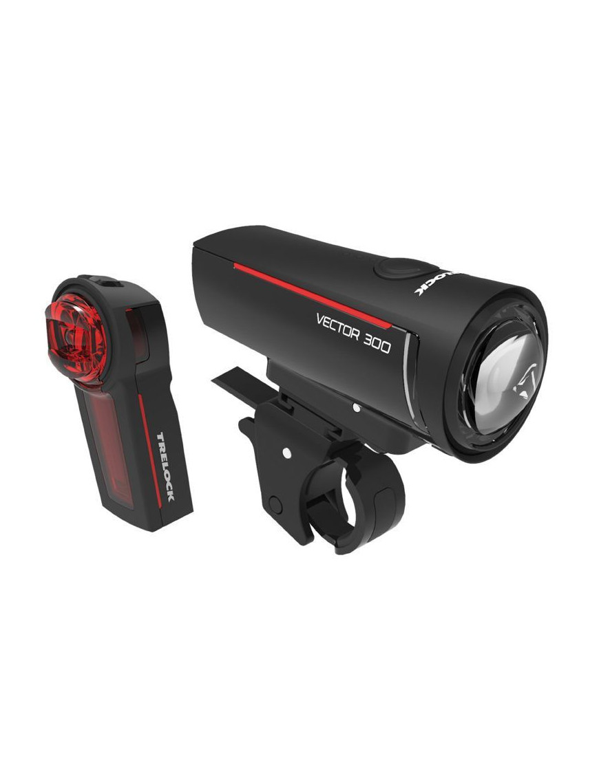 ECLAIRAGE VELO USB KIT TRELOCK LS300 ET LS740 VECTOR VISIBILITE 45m 30 LUX (AUTONOMIE AVANT 12H-ARRIERE 10H) NOIR - VU A 2750m 