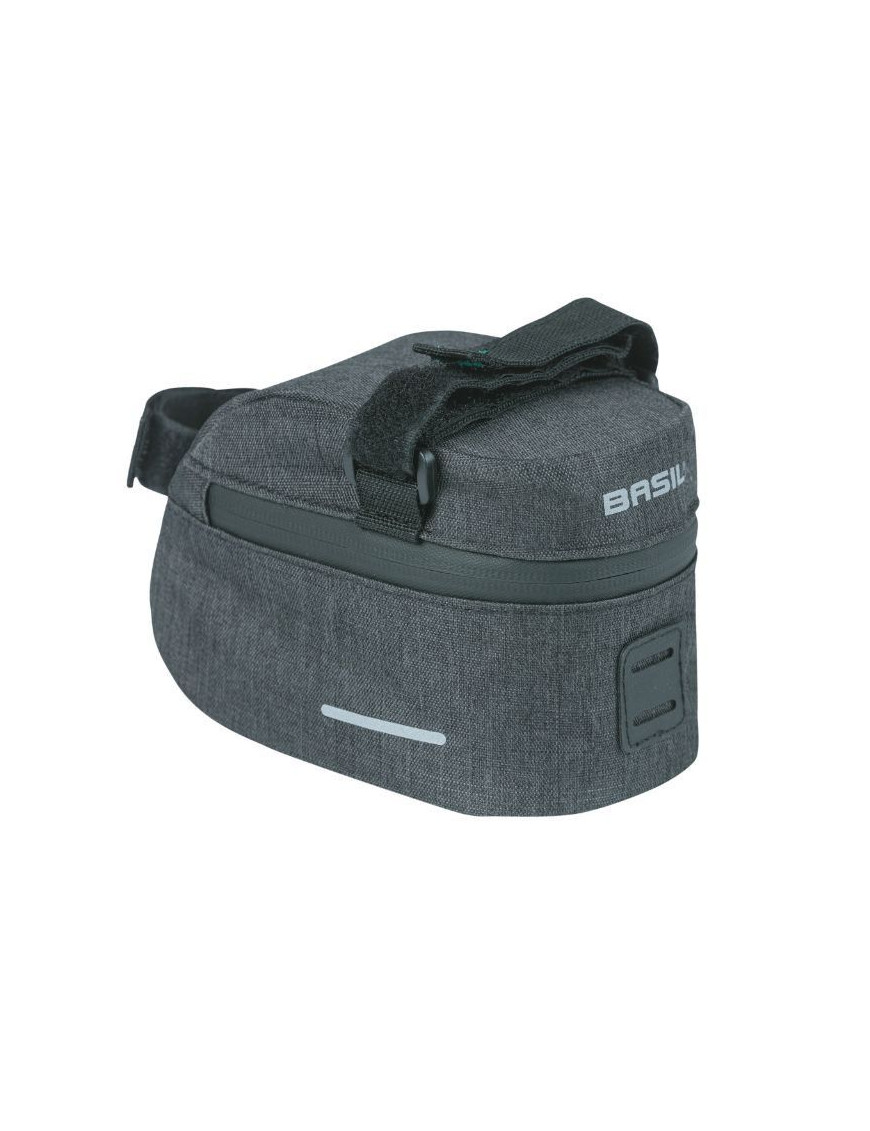 SACOCHE DE SELLE VELO BASIL DISCOVERY 1L GRIS-NOIR FIXATION SANGLES SUR CHARIOT DE SELLE POLYESTER IMPERMEABLE AVEC HOUSSE ANTI