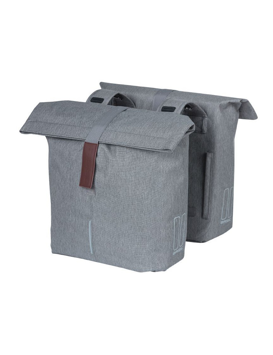 SACOCHE ARRIERE VELO DOUBLE BASIL CITY GRIS CLAIR 28-32L FIXATION VELCROS SUR PORTE BAGAGE (30x18x49cm) FERMETURE PLIANT ANTI-P