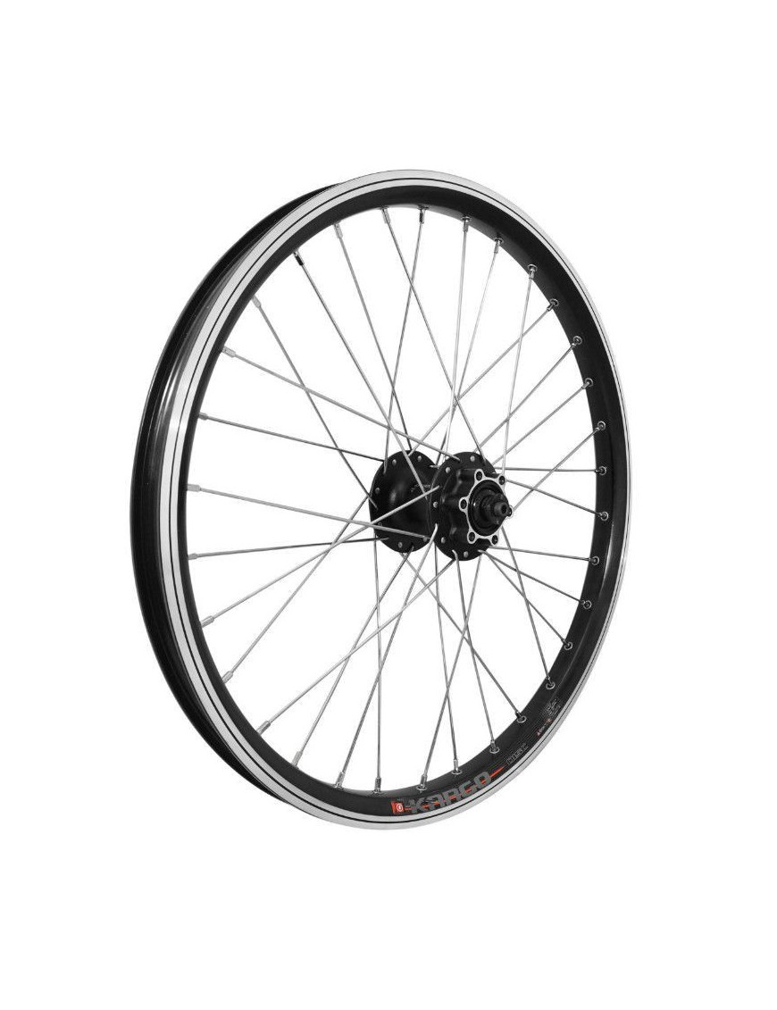 "ROUE VTT 20"" AVANT KARGO - VAE - E-BIKE DISC ET V-BRAKE ALU DOUBLE PAROI MOYEU SHIMANO M475 DISC 6 TROUS NOIRE BLOCAGE (RENFO