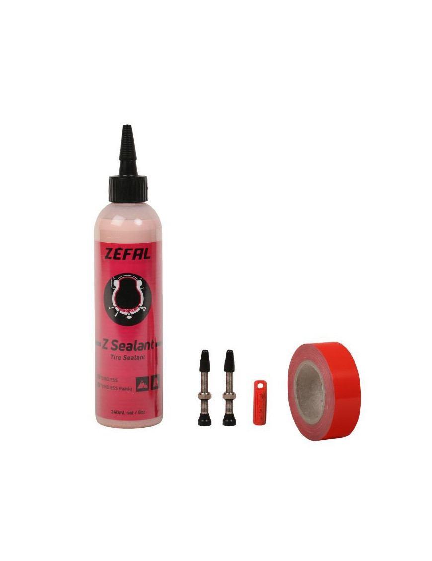 KIT CONVERSION AVEC PREVENTIF ZEFAL Z-SEALANT DE TUBETYPE EN TUBELESS (240ml) AVEC FOND DE JANTE ADHESIF 9m x 20mm ET 2 VALVES 