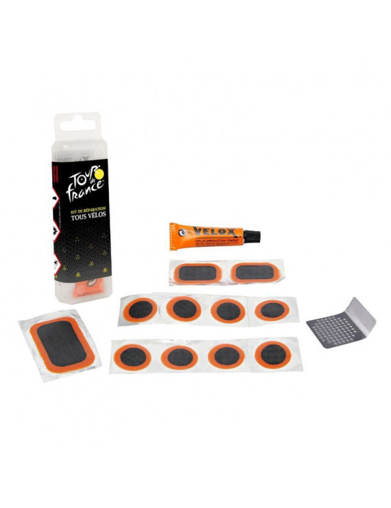 KIT REPARATION PNEU ROUTE-CITY-VTT TOUR DE FRANCE - BOITE (11 PATCHS + COLLE 10g + RAPE ACIER) AVEC NOTICE