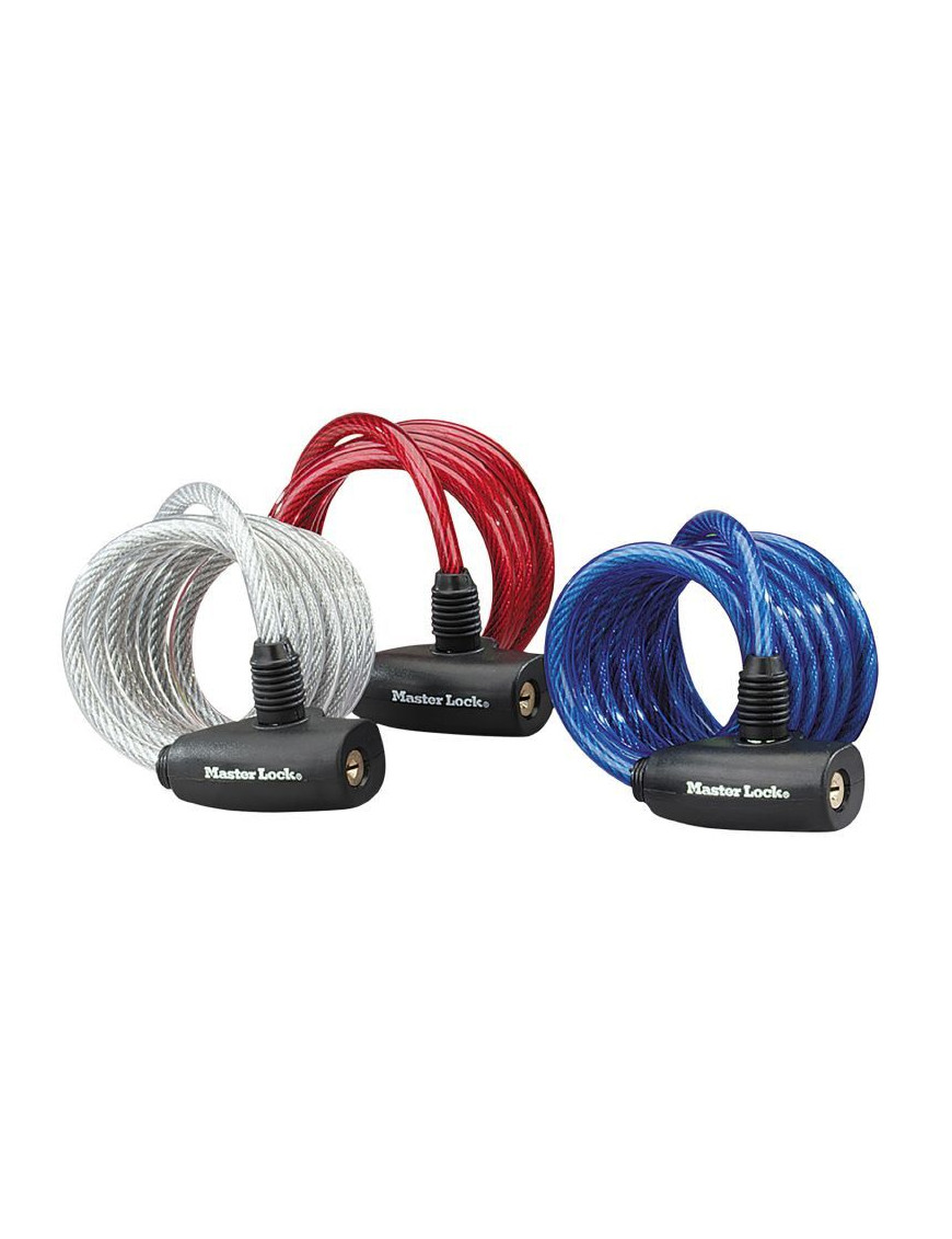 ANTIVOL VELO SPIRAL A CLE MASTERLOCK DIAM 8mm L 1,80m (PACK DE 3 ANTIVOLS COULEUR : 1X ROUGE - 1X BLEU - 1X TRANSPARENT) LIVRE 