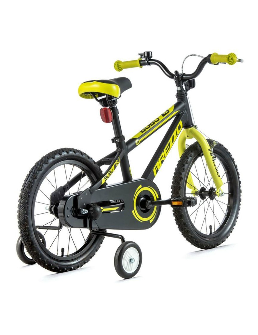 VELO MUSCULAIRE ENFANT 16 POUCES LEADER FOX AREZZO 2021 NOIR MAT-JAUNE MONOVITESSE CADRE ALU (TAILLE ENFANT 105 à 115 cm)