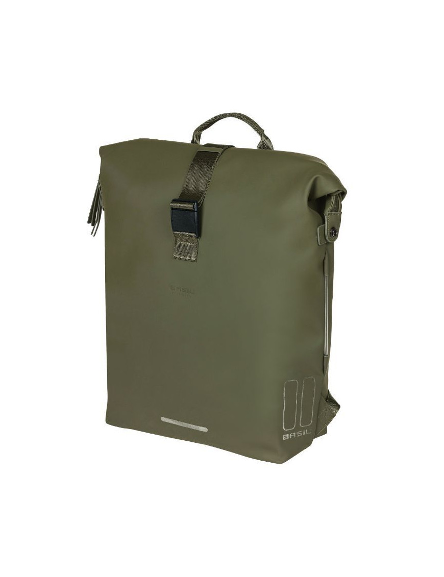 SACOCHE ARRIERE SAC A DOS VELO LATERALE BASIL SOHO 17L VERT FORET FIXATION PORTE BAGAGE CROCHET HOOK (31x14x37cm) AVEC ECLAIRAG