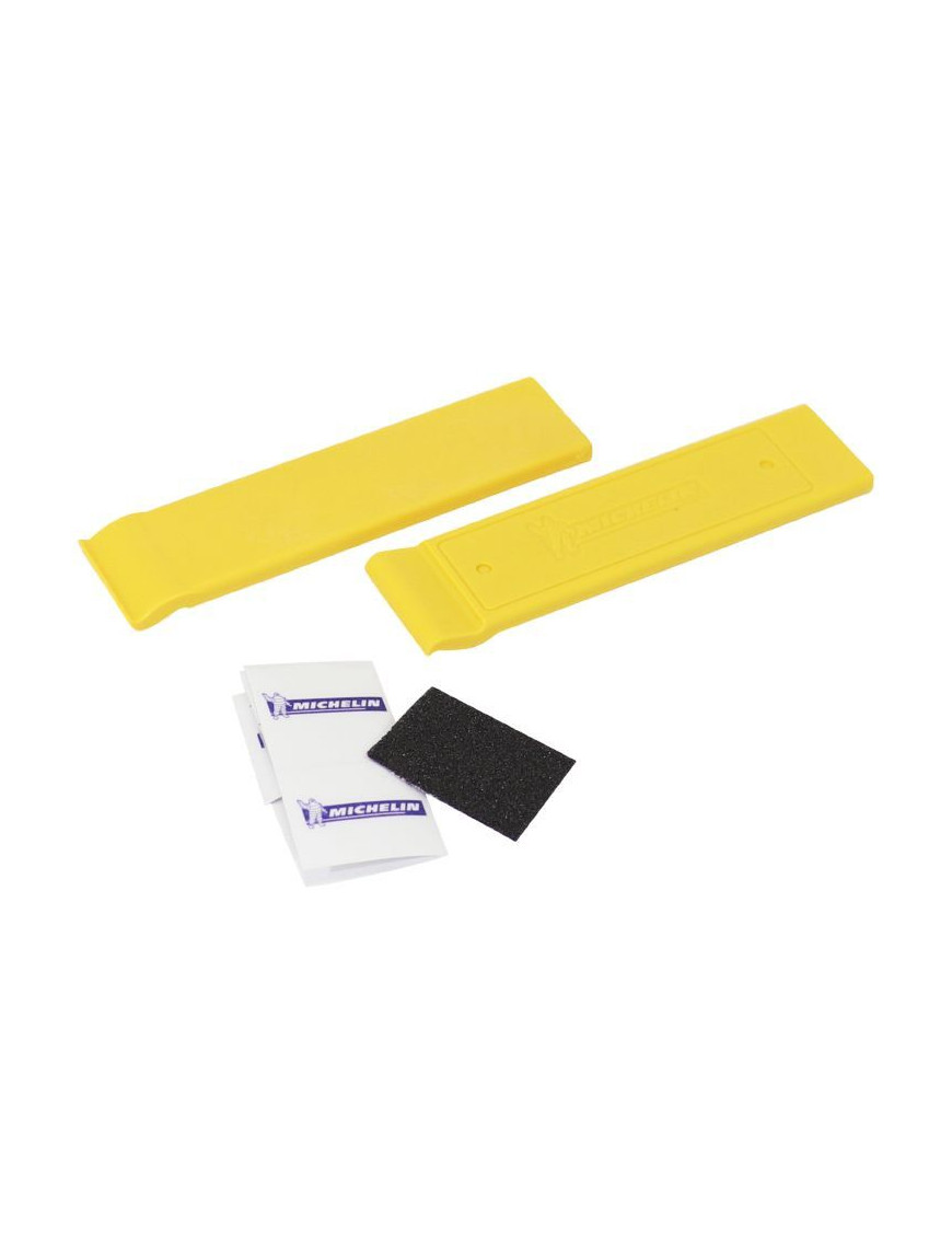 KIT REPARATION CHAMBRE A AIR MICHELIN UNIVERSEL (2 DEMONTES PNEUS - 6 RUSTINES AUTOCOLLANTES - 1 GRATTOIR)