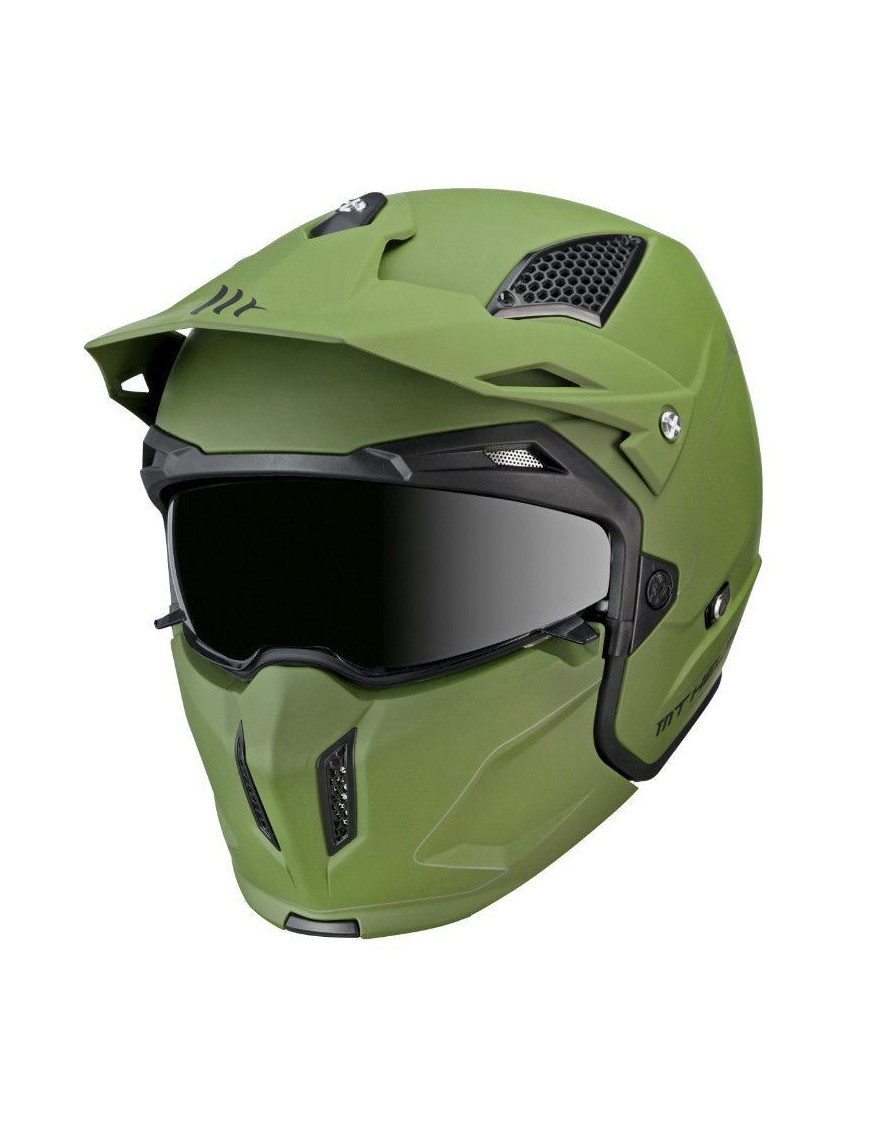 CASQUE TRIAL MT STREETFIGHTER SV UNI VERT MAT    XS  SIMPLE ECRAN DARK TRANSFORMABLE AVEC MENTONNIERE AMOVIBLE (LIVRE AVEC UN E