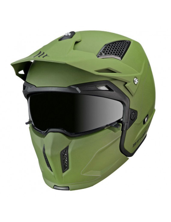 CASQUE TRIAL MT STREETFIGHTER SV UNI VERT MAT    XS  SIMPLE ECRAN DARK TRANSFORMABLE AVEC MENTONNIERE AMOVIBLE (LIVRE AVEC UN E