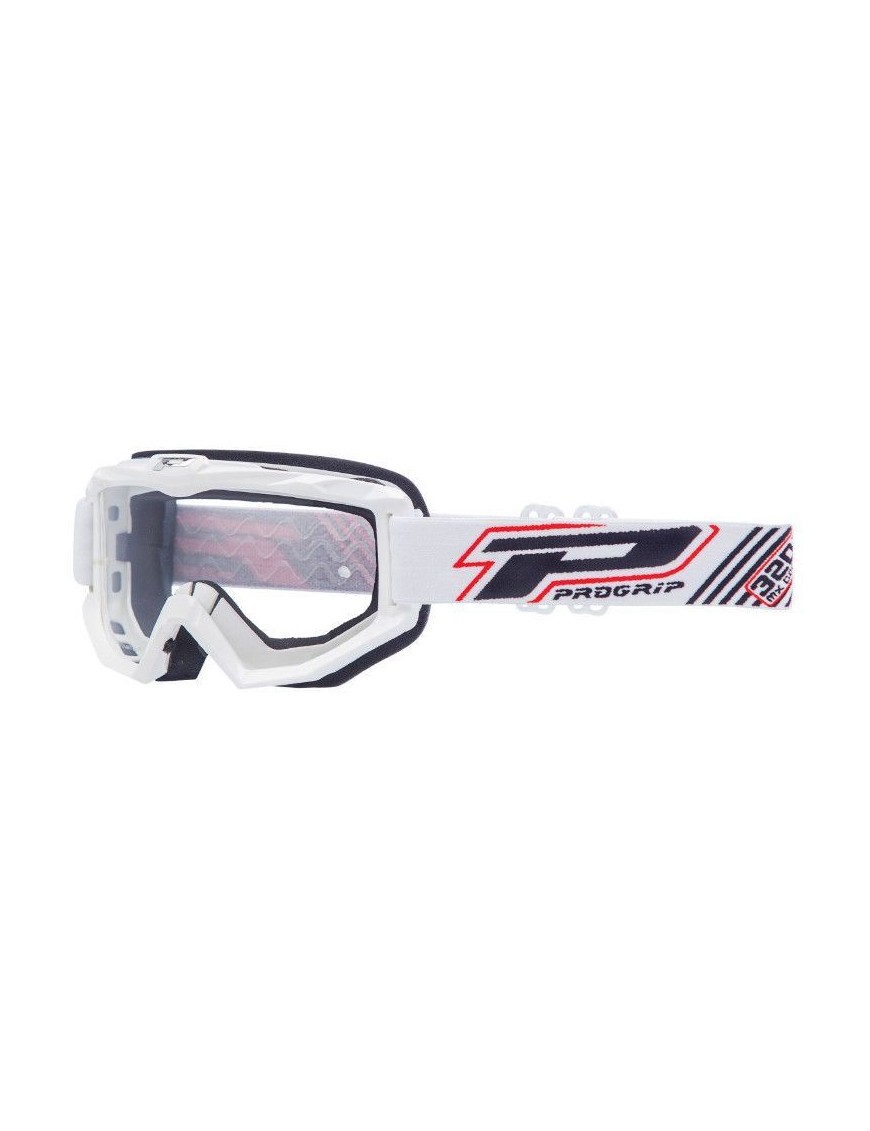 MASQUE-LUNETTES CROSS PROGRIP 3201 ATZAKI BLANC ECRAN TRANSPARENT ANTI-RAYURES-ANTI U.V. COMPATIBLE AVEC PORT LUNETTES DE VUE (