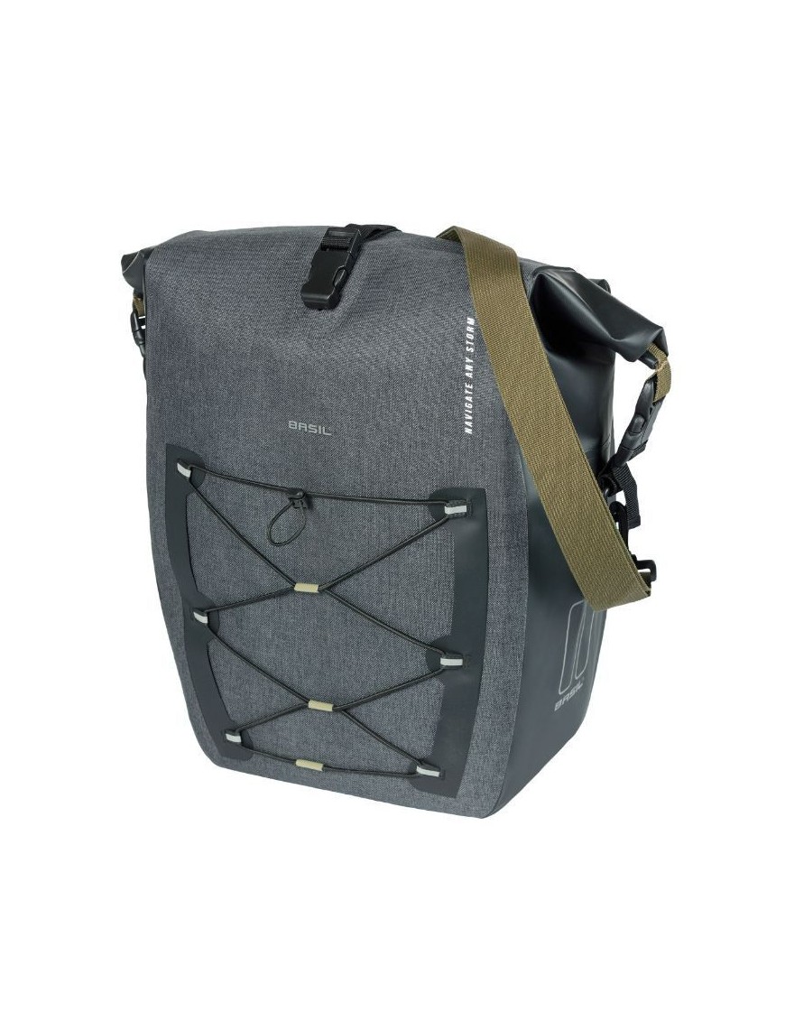 SACOCHE ARRIERE VELO LATERALE BASIL NAVIGATOR CYCLOTOURISTE WATERPROOF 25-31L NOIR FIXATION HOOK ON SUR PORTE BAGAGE (32x15x37c