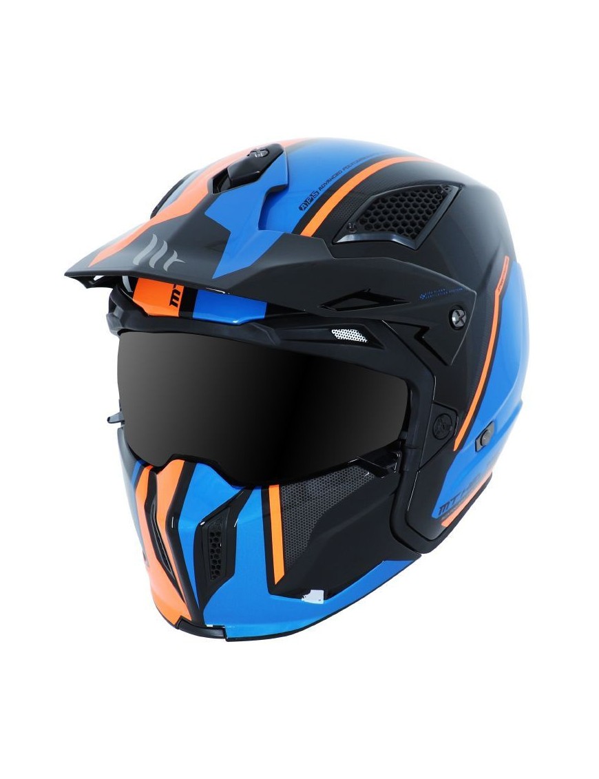 CASQUE TRIAL MT STREETFIGHTER SV TWIN NOIR-BLEU-ORANGE BRILLANT L  SIMPLE ECRAN DARK TRANSFORMABLE AVEC MENTONNIERE AMOVIBLE (L