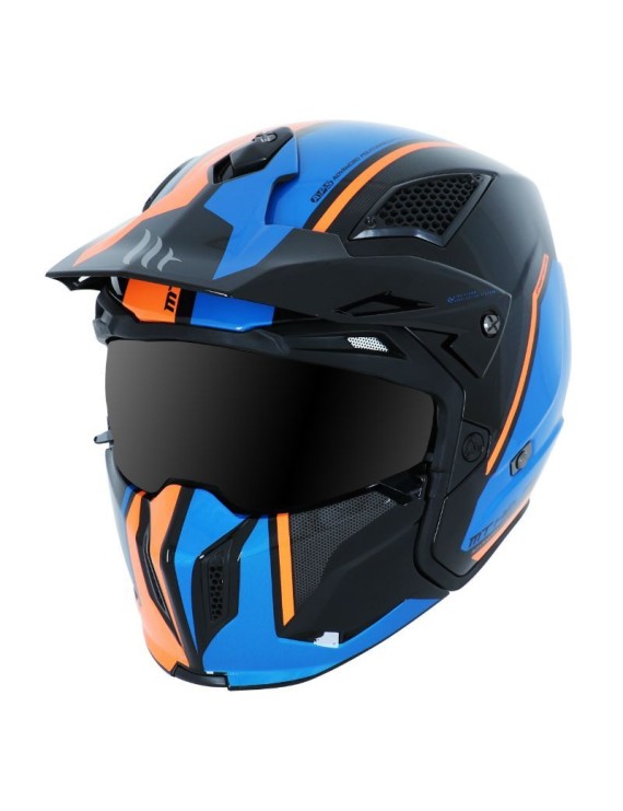 CASQUE TRIAL MT STREETFIGHTER SV TWIN NOIR-BLEU-ORANGE BRILLANT  M  SIMPLE ECRAN DARK TRANSFORMABLE AVEC MENTONNIERE AMOVIBLE (