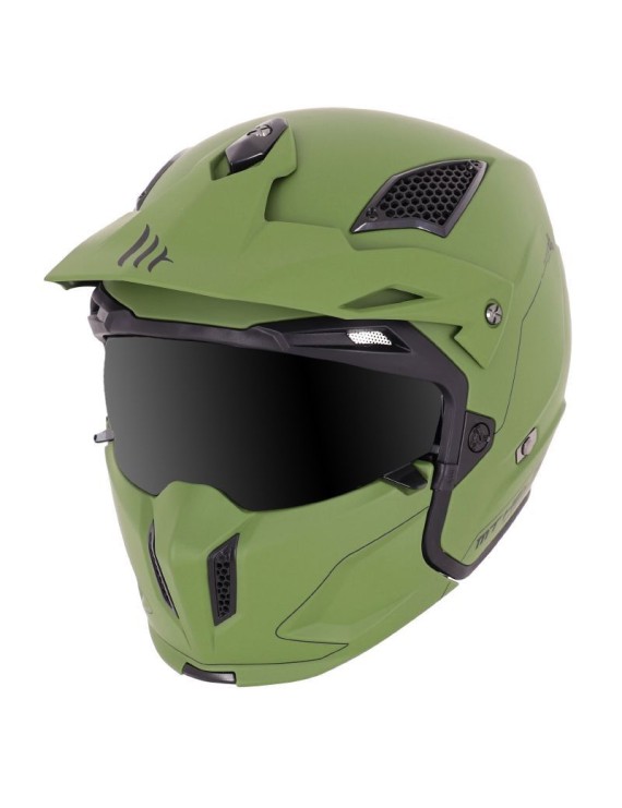 CASQUE TRIAL MT STREETFIGHTER SV UNI VERT MAT L  SIMPLE ECRAN DARK TRANSFORMABLE AVEC MENTONNIERE AMOVIBLE (LIVRE AVEC UN ECRAN