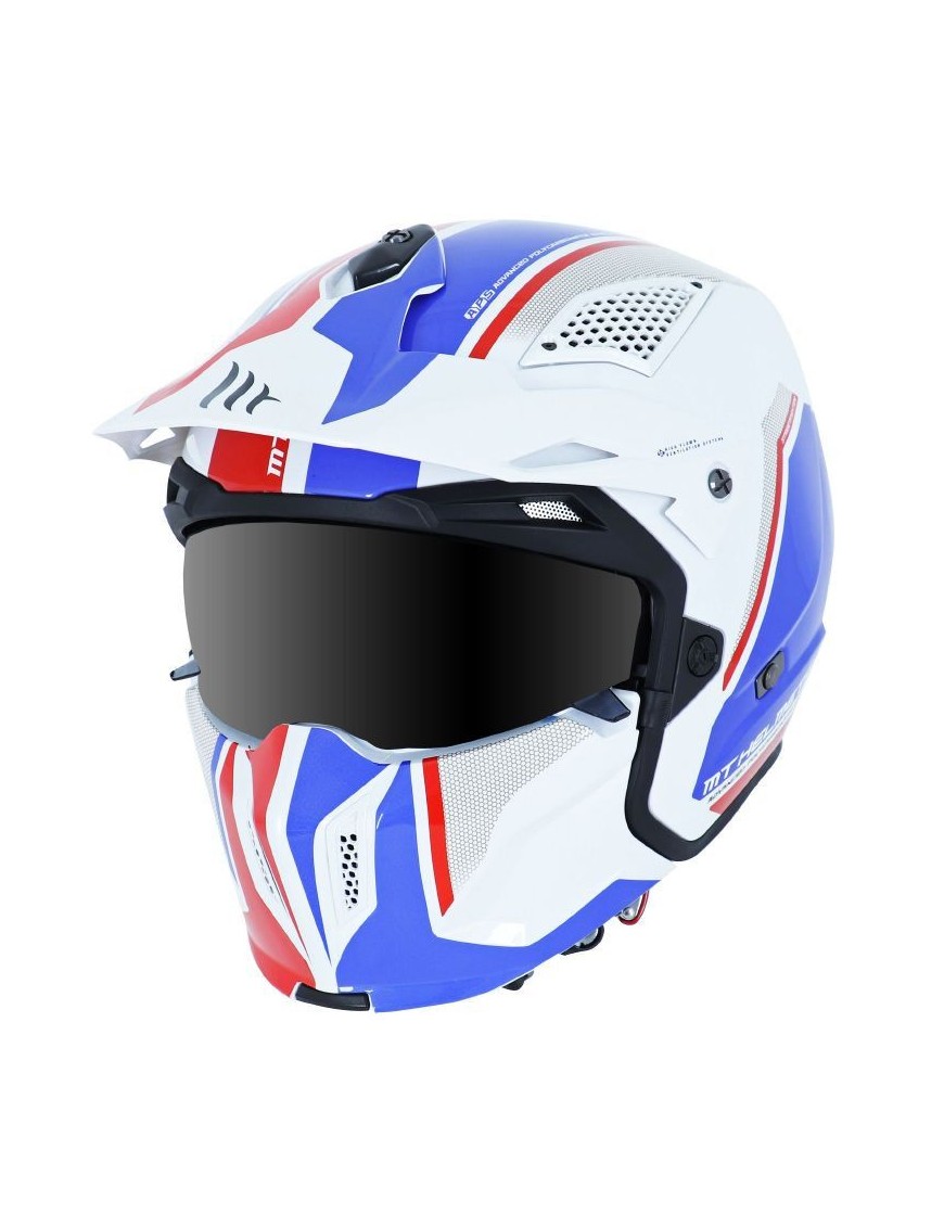 CASQUE TRIAL MT STREETFIGHTER SV TWIN BLANC-BLEU-ROUGE BRILLANT XL  SIMPLE ECRAN DARK TRANSFORMABLE AVEC MENTONNIERE AMOVIBLE (