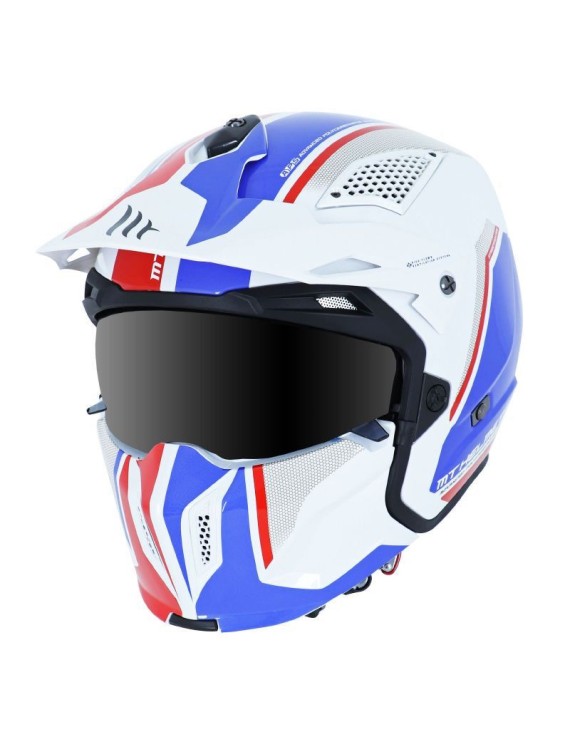 CASQUE TRIAL MT STREETFIGHTER SV TWIN BLANC-BLEU-ROUGE BRILLANT XL  SIMPLE ECRAN DARK TRANSFORMABLE AVEC MENTONNIERE AMOVIBLE (