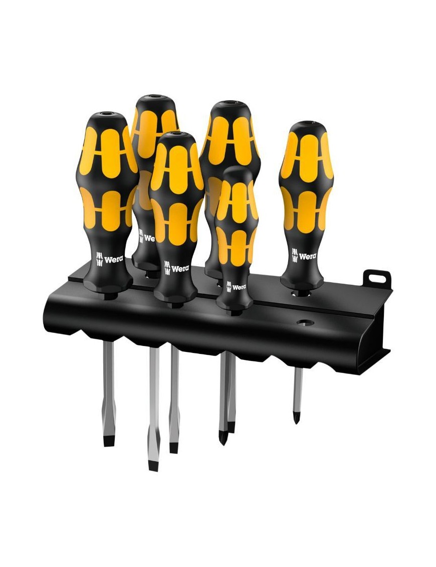 TOURNEVIS BURIN WERA 932 S6 KRAFTFORM CRUCIFORME ET PLAT AVEC RACK DE RANGEMENT NOIR-JAUNE (SET 6 PIECES)  -MARQUE ALLEMANDE PO