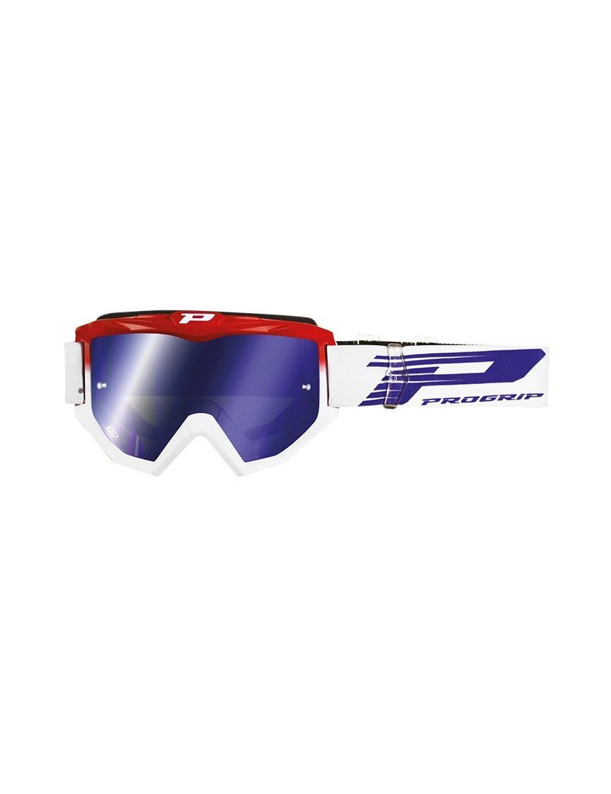 MASQUE-LUNETTES CROSS PROGRIP 3201 FL ATZAKI MULTILAYERED ROUGE-BLANC ECRAN MIROIR BLEU ANTI-RAYURES-ANTI U.V. COMPATIBLE AVEC 