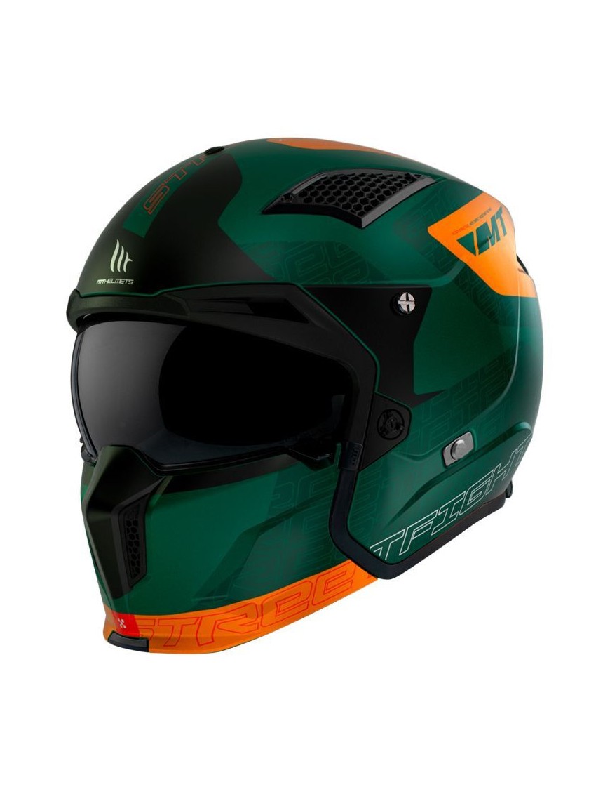 CASQUE TRIAL MT STREETFIGHTER SV TOTEM C6 VERT-ORANGE MAT  M  SIMPLE ECRAN DARK TRANSFORMABLE AVEC MENTONNIERE AMOVIBLE (LIVRE 
