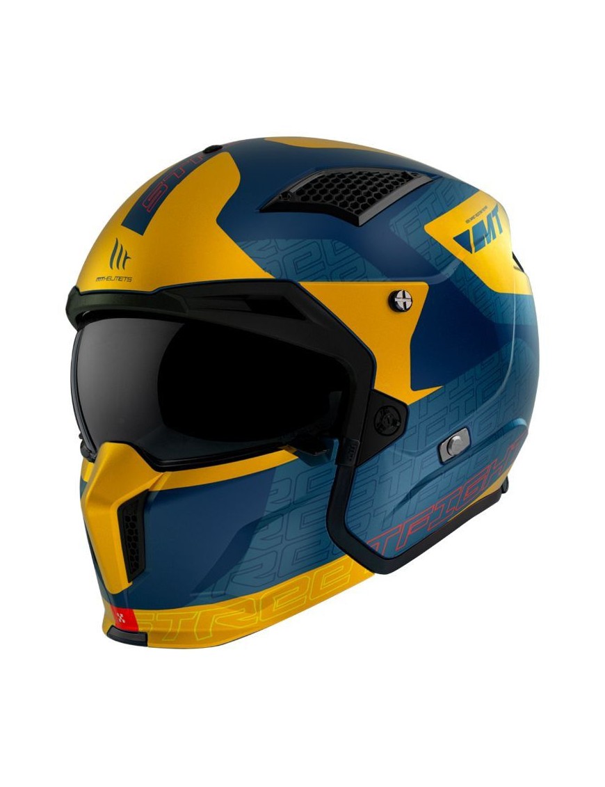 CASQUE TRIAL MT STREETFIGHTER SV TOTEM C3 BLEU-OR MAT  M  SIMPLE ECRAN DARK TRANSFORMABLE AVEC MENTONNIERE AMOVIBLE (LIVRE AVEC