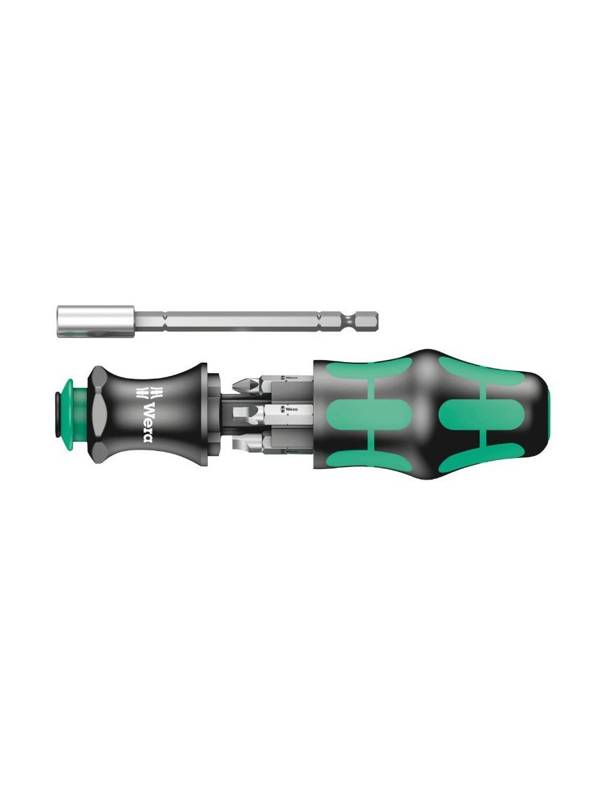 TOURNEVIS PORTE EMBOUT WERA 28 SB KRAFTFORM KOMPAKT 1-4 (AVEC RESERVE D'EMBOUT INTEGREE) NOIR-VERT (VENDU A L'UNITE)  -MARQUE A