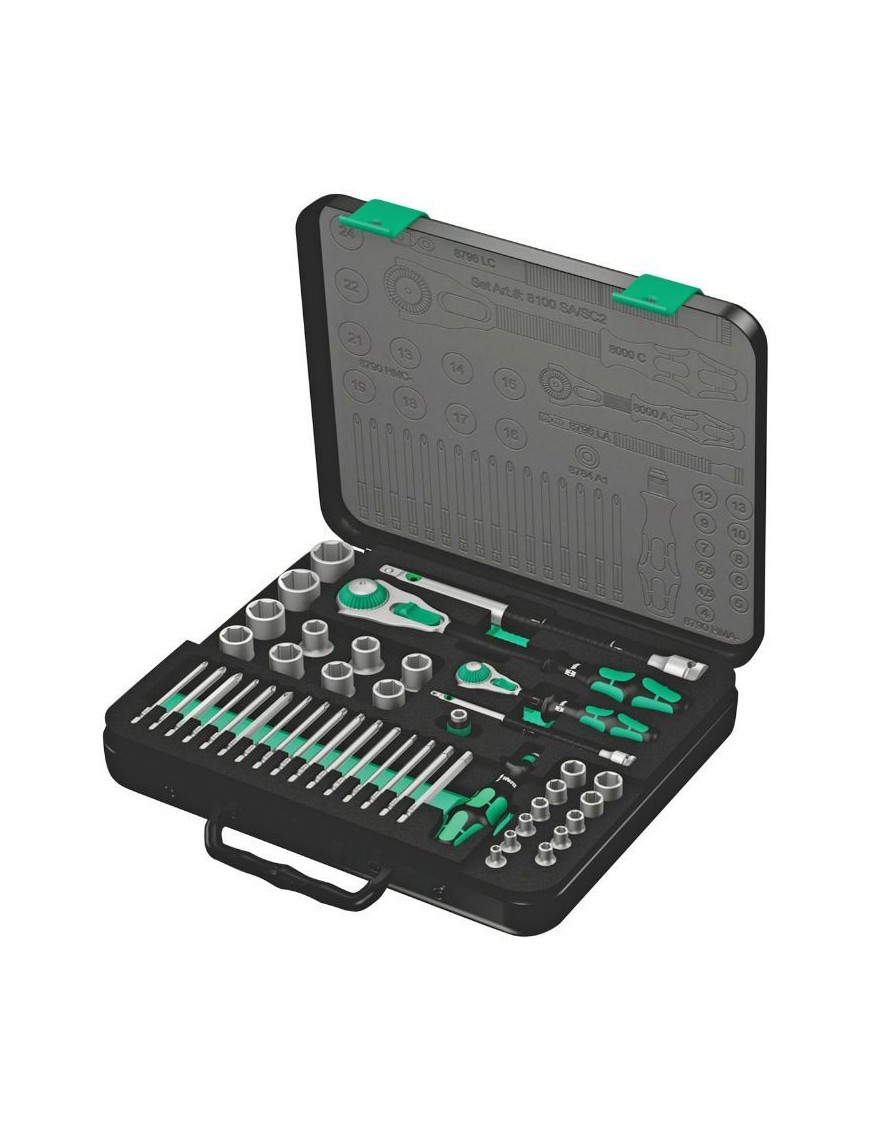 CLIQUET WERA  8100 ZYKLOP SPEED 1-4, 1-2 METRIQUE AVEC DOUILLES ET EMBOUTS NOIR-VERT (SET 43 PIECES)  -MARQUE ALLEMANDE POUR LE