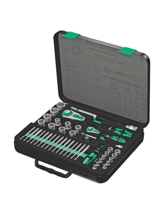 CLIQUET WERA  8100 ZYKLOP SPEED 1-4, 1-2 METRIQUE AVEC DOUILLES ET EMBOUTS NOIR-VERT (SET 43 PIECES)  -MARQUE ALLEMANDE POUR LE