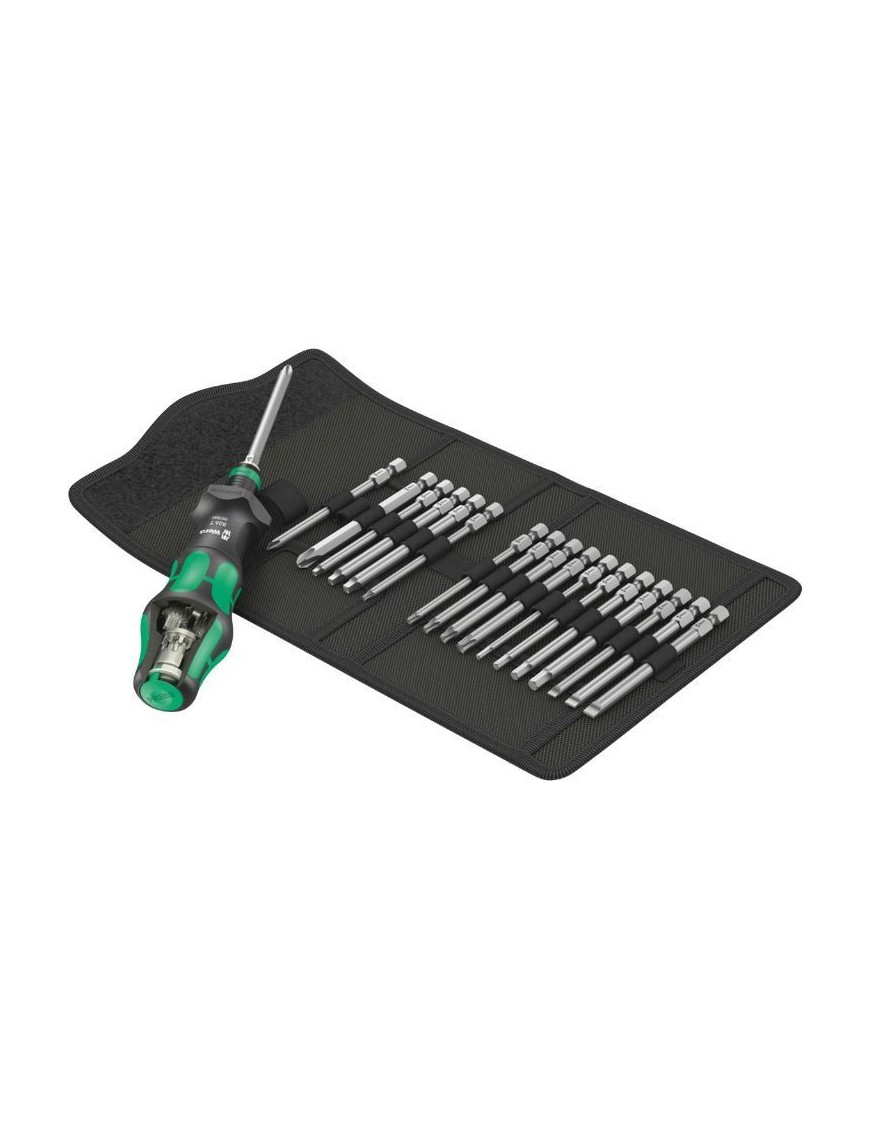 TOURNEVIS PORTE EMBOUT WERA KOMPAKT TURBO 1-4 AVEC EMBOUT VISSAGE NOIR-VERT (MANDRIN A SERRAGE RAPIDE) (SET 19 PIECES)  -MARQUE