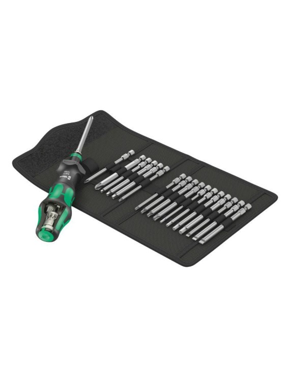 TOURNEVIS PORTE EMBOUT WERA KOMPAKT TURBO 1-4 AVEC EMBOUT VISSAGE NOIR-VERT (MANDRIN A SERRAGE RAPIDE) (SET 19 PIECES)  -MARQUE