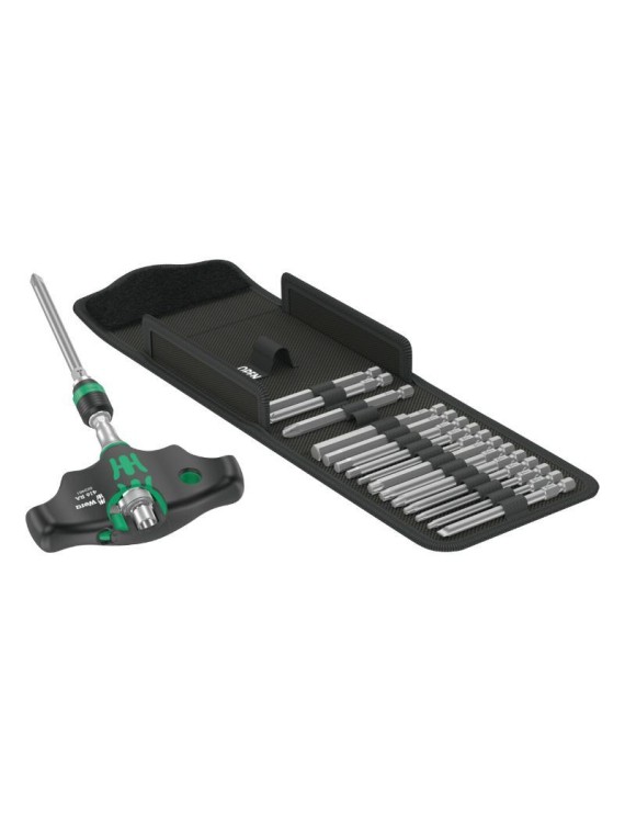 CLIQUET MANCHE EN T WERA 400 KOMPAKT 1-4 AVEC EMBOUTS VISSAGE NOIR-VERT (SET 17 PIECES)  -MARQUE ALLEMANDE POUR LES ATELIERS-