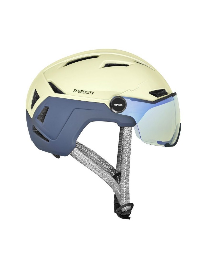 CASQUE VELO ADULTE MAVIC SPEEDCITY CREME-BLEU VISIERE INTEGREE TAILLE 51-56 REGLAGE MOLETTE 370GRS - HOMOLOGUE -