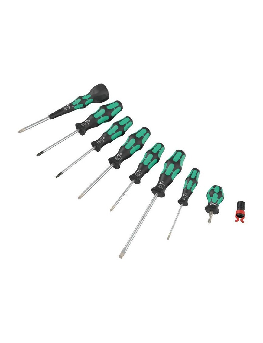 TOURNEVIS WERA 9527 BALL GRIP CRUCIFORME, TORX ET PLAT AVEC AGRIPPE VIS NOIR-VERT (SET 9 PIECES)  -MARQUE ALLEMANDE POUR LES AT