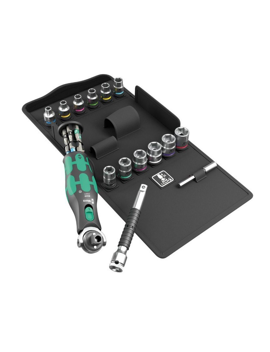 CLIQUET WERA  8009 ZYKLOP POCKET TETE ORIENTABLE COMBINEE DOUILLE 3-8 ET TOURNEVIS 1-4 (AVEC RESERVE D'EMBOUT INTEGREE) NOIR-VE
