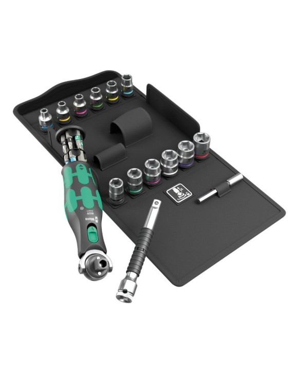 CLIQUET WERA  8009 ZYKLOP POCKET TETE ORIENTABLE COMBINEE DOUILLE 3-8 ET TOURNEVIS 1-4 (AVEC RESERVE D'EMBOUT INTEGREE) NOIR-VE