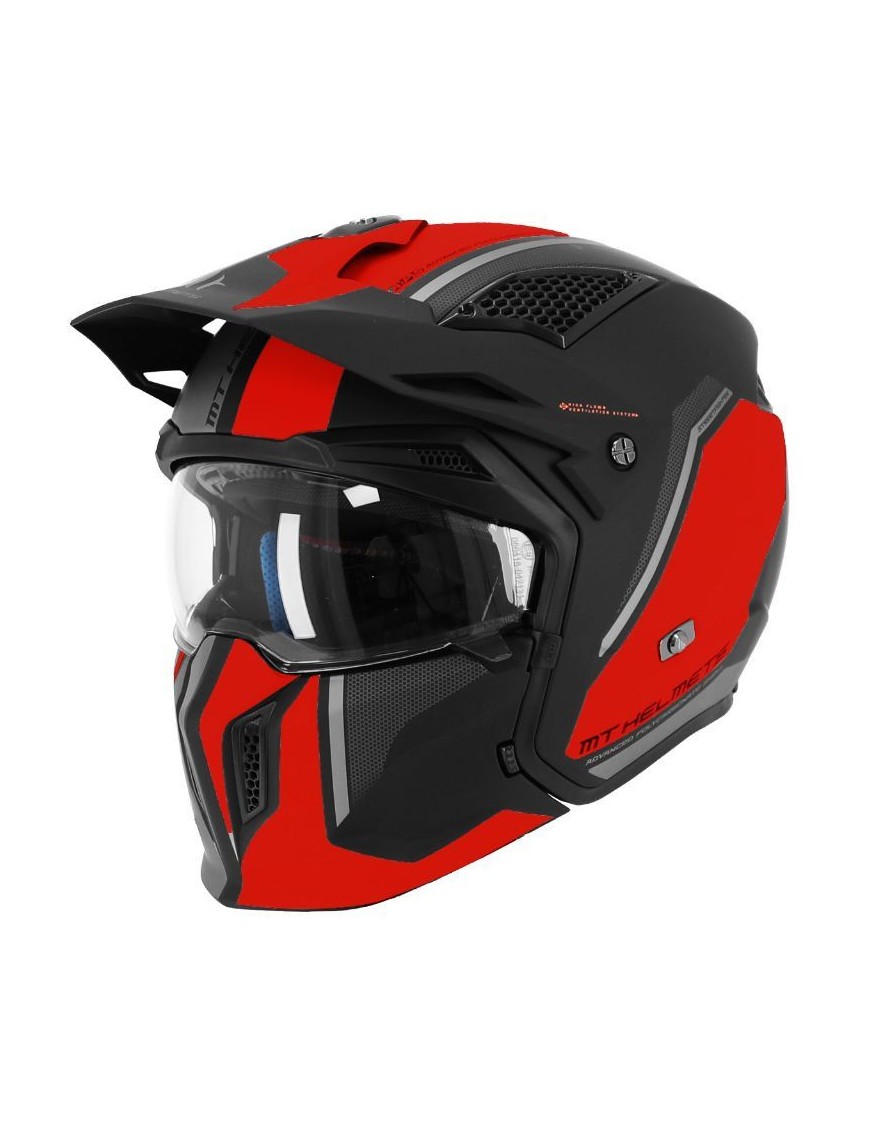 CASQUE TRIAL MT STREETFIGHTER SV TWIN C5 NOIR MAT-ROUGE XL  SIMPLE ECRAN TRANSPARENT TRANSFORMABLE AVEC MENTONNIERE AMOVIBLE (L